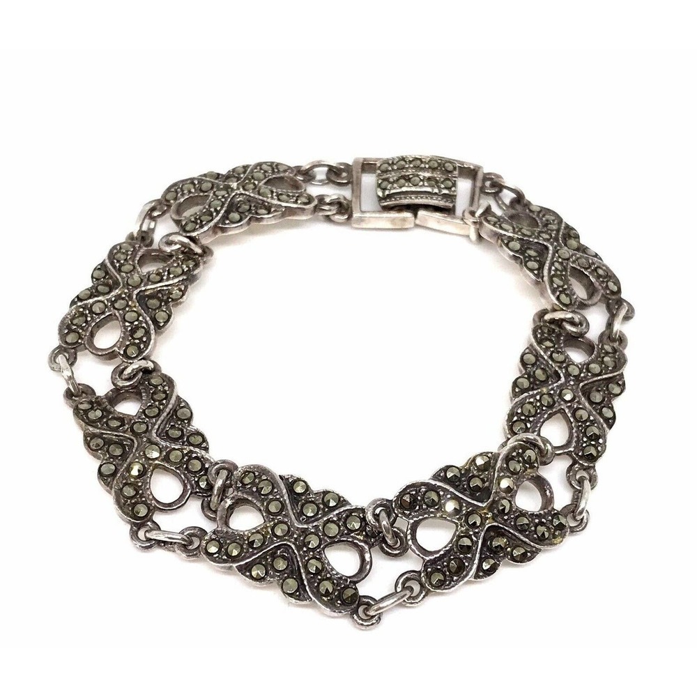 Vintage 925 Sterling Silver Marcasite Deco Style Link Bracelet 7.5"